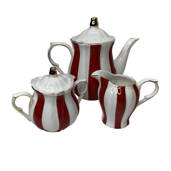 Grace Teaware Red & White Striped Porcelain Tea Set Gold Trim Christmas Decor - Picture 7 of 9
